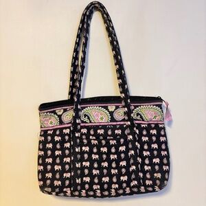 Vera Bradley Zip Closure Tote Shoulder Bag Black Paisley Pink Elephants Medium
